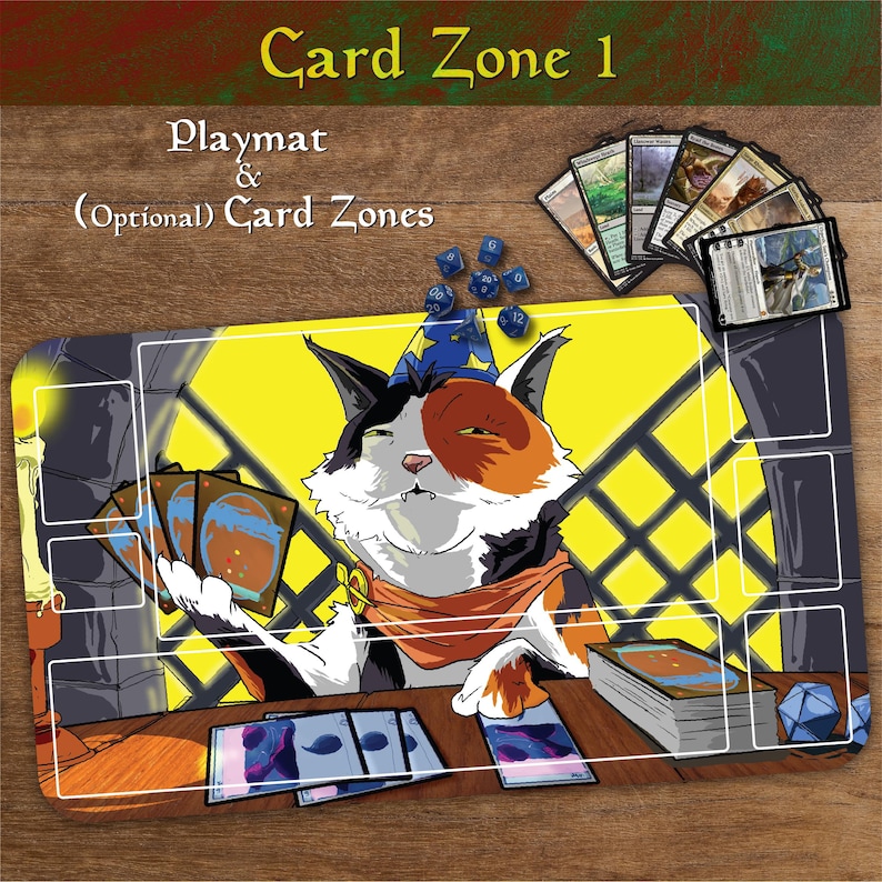 May include: A playmat with a cartoon cat wizard design, featuring the text "Card Zone 1" and "Playmat & (Optional) Card Zones." The mat has zones for cards, dice, and a stack of cards. The cat is wearing a wizard hat and scarf.