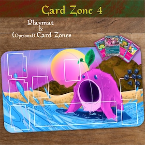May include: Playmat with a whimsical design featuring a purple creature with a large open mouth, a green sprout, and a beach scene. The playmat includes card zones and the text "Card Zone 4". Several playing cards and dice are also visible.
