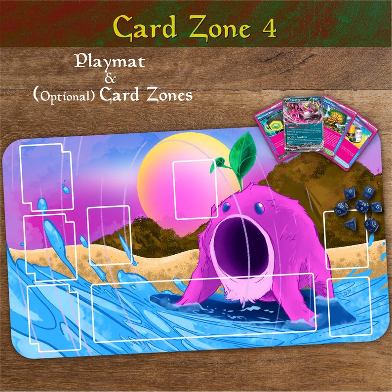 May include: Playmat with a whimsical design featuring a purple creature with a large open mouth, a green sprout, and a beach scene. The playmat includes card zones and the text "Card Zone 4". Several playing cards and dice are also visible.