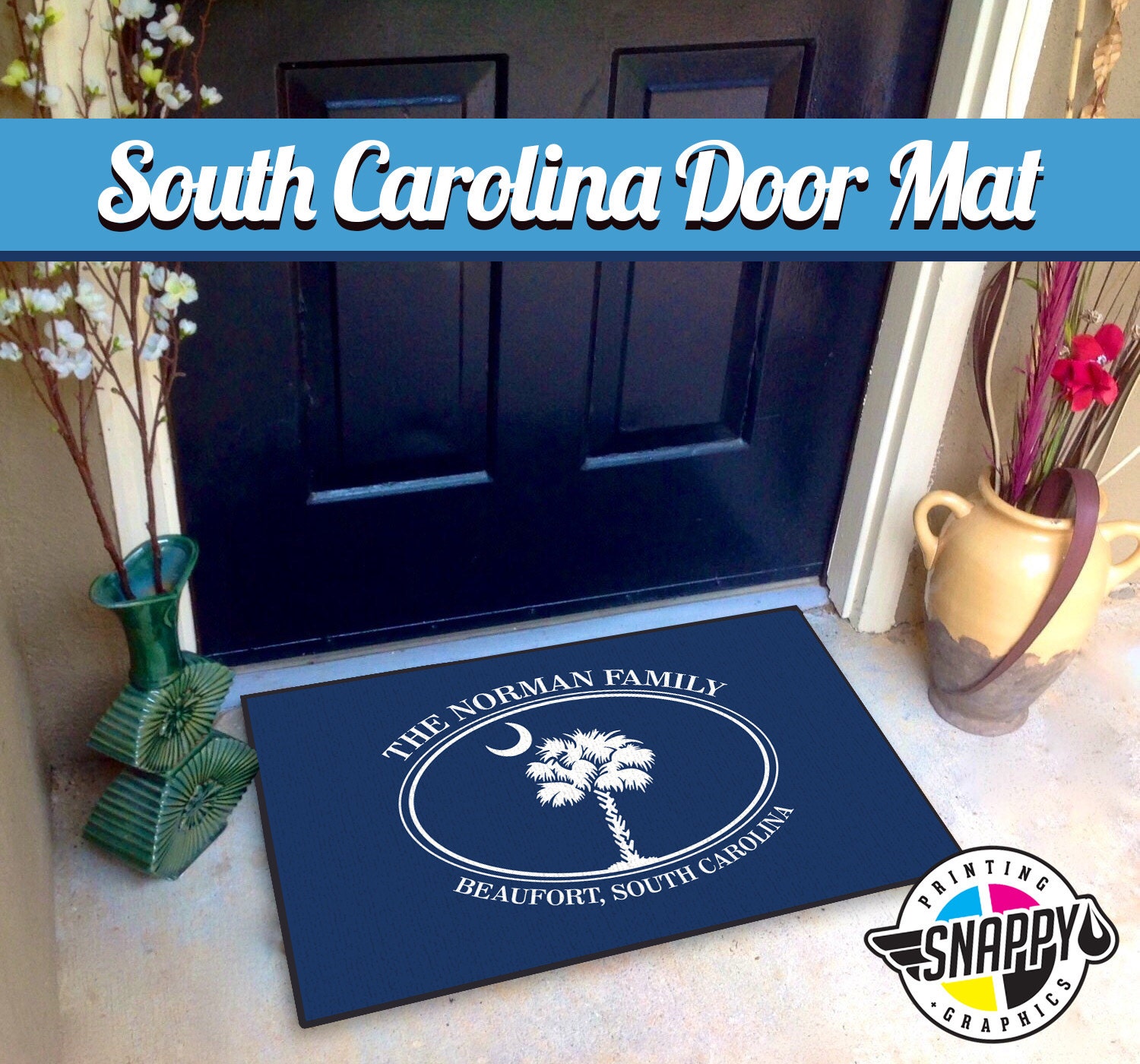 Custom South Carolina Family Welcome Mat/Doormat/Rug - 24" x 36" -  Personalized Palmetto Tree Crescent Moon SC Flag Mat