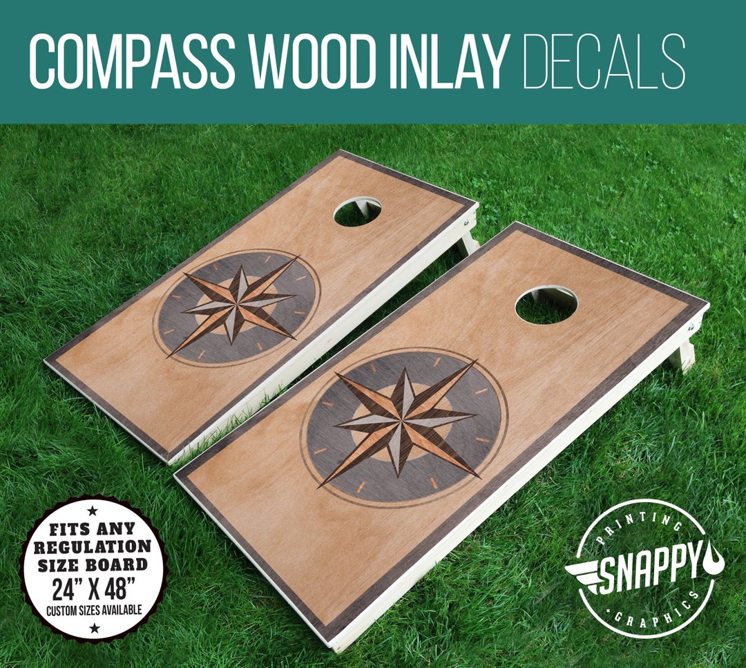 Compass Faux Wood Inlay Cornhole Decals Bags Game Vinyl Decal Board