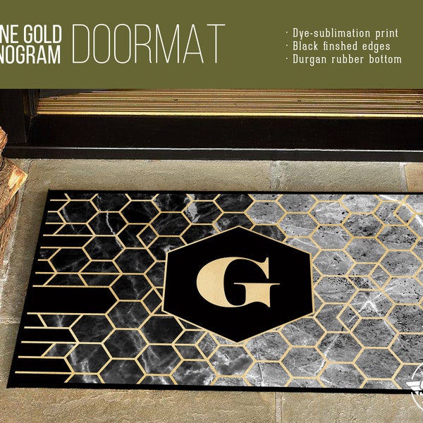 Custom Initial Stone & Gold Monogram Doormat - Indoor/Outdoor Rug
