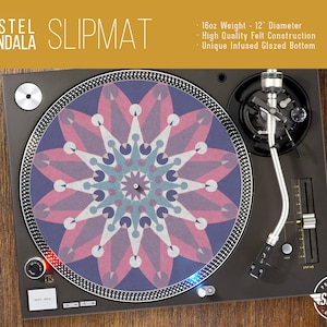 Pastel Mandala Print Turntable Slipmat - 12&quot; LP Record Player, DJ Slipmat- 16oz Felt w/ Glazed Bottom