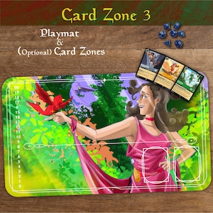 May include: A playmat with the text "Card Zone 3" and "Playmat & (Optional) Card Zones." The mat features a colourful illustration of a woman in a pink dress with a red bird. Three game cards and dice are also visible.