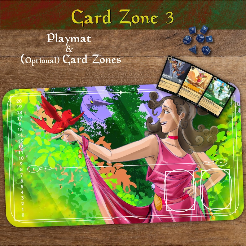 May include: A playmat with the text "Card Zone 3" and "Playmat & (Optional) Card Zones." The mat features a colourful illustration of a woman in a pink dress with a red bird. Three game cards and dice are also visible.