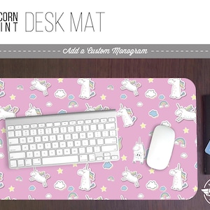 Unicorn Pattern Print Desk Mat w/ Custom Monogram - 2 Sizes -  Office Desk Accessory - Extended Mouse Pad