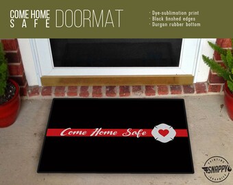 Thin Red Line - Come Home Safe - Welcome Mat/Doormat/Rug - 24" x 36" - High Quality, Dye-Sublimation Print, Weatherproof - Indoor/Outdoor