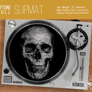 Halftone Black and White Skull Turntable Slipmat - 12&quot; and 7&quot; LP Record Player, DJ Slipmat- 16oz Felt w/ Glazed Bottom