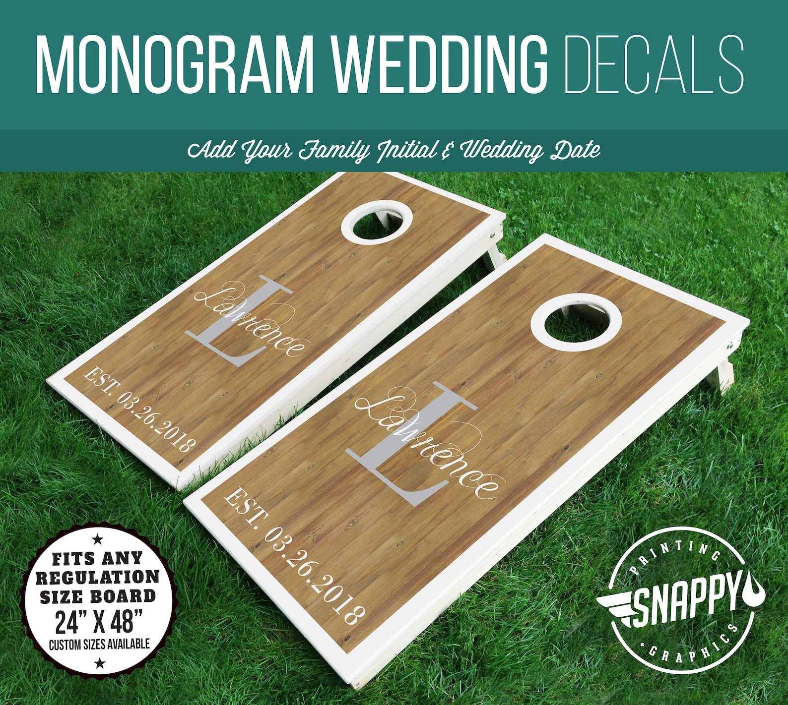 Personalized Wedding Cornhole Decals, Monogram Faux Wood Board Wraps