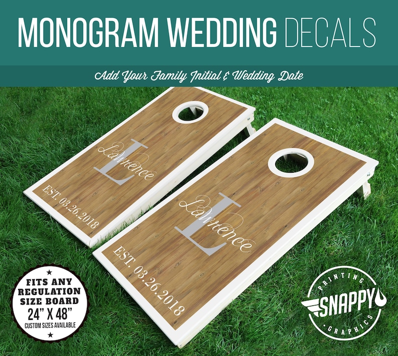 Personalized Monogram and Date Wedding Cornhole Decals, Bag Toss Board Wraps, For Bride & Groom, Faux Wood Look Pair Wedding image 1