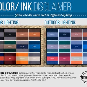 Puede incluir: Aviso de color y tinta para una alfombra de entrada con una tabla de colores que muestra la misma alfombra en diferentes condiciones de iluminaci&oacute;n. La iluminaci&oacute;n interior muestra los colores como carb&oacute;n vegetal, &oacute;nix, nogal, penique, enebro, algas marinas, Egeo, azul, almirante, vino, pantera, piedra, mientras que la iluminaci&oacute;n exterior muestra los colores como carb&oacute;n vegetal, &oacute;nix, nogal, penique, enebro, algas marinas, Egeo, azul, almirante, vino, pantera, piedra.