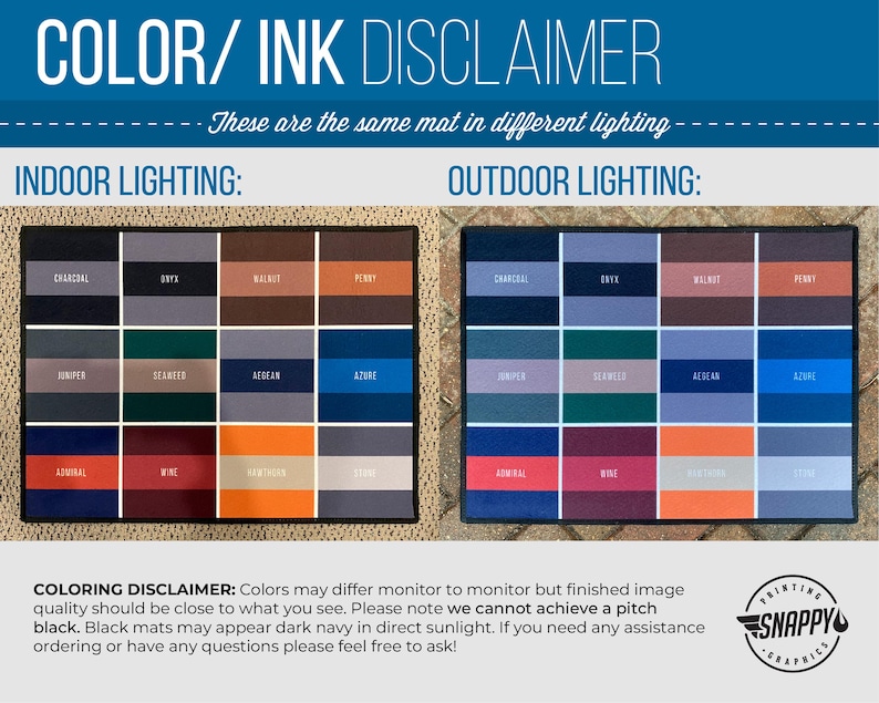 Puede incluir: Aviso de color y tinta para una alfombra de entrada con una tabla de colores que muestra la misma alfombra en diferentes condiciones de iluminaci&oacute;n. La iluminaci&oacute;n interior muestra los colores como carb&oacute;n vegetal, &oacute;nix, nogal, penique, enebro, algas marinas, Egeo, azul, almirante, vino, pantera, piedra, mientras que la iluminaci&oacute;n exterior muestra los colores como carb&oacute;n vegetal, &oacute;nix, nogal, penique, enebro, algas marinas, Egeo, azul, almirante, vino, pantera, piedra.