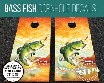 Bass Fishing Cornhole Decals - Bags - Original Bag Toss Lake Illustration Vinyl Decal Board Wraps