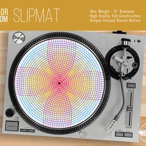 Color Bloom Line Pattern Turntable Slipmat - 12&quot; and 7&quot; LP Record Player, DJ Slipmat- 16oz Felt w/ Glazed Bottom