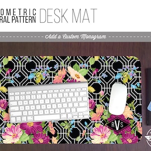 Geometric Floral Pattern Desk Mat w/ Custom Monogram - 3 Sizes - High Quality Digital Print, Dye Sublimation - Hand Washable