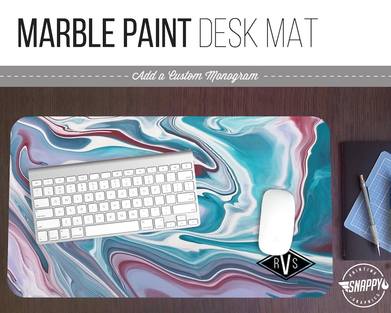 Marble Paint Print Desk Mat W/ Custom Monogram 3 Sizes Etsy