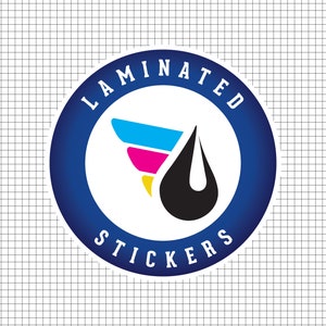 May include: A round sticker with a blue border and the words "LAMINATED STICKERS" in white. The sticker features a stylized wing design in cyan, magenta, and yellow, with a black teardrop shape. The background is a white grid.