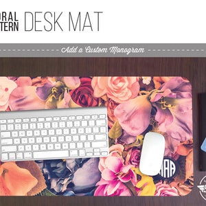 Floral Fabric Pattern Desk Mat w/ Custom Monogram - 3 Sizes - High Quality Digital Print, Dye Sublimation - Hand Washable