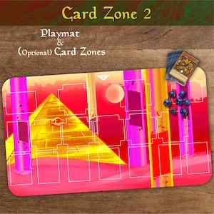 May include: A playmat with card zones, featuring a pyramid and a sunset design. The mat has a red and pink colour scheme with the words "Card Zone 2" at the top. Includes a card and dice.