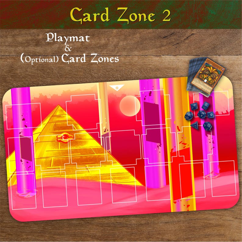 May include: A playmat with card zones, featuring a pyramid and a sunset design. The mat has a red and pink colour scheme with the words "Card Zone 2" at the top. Includes a card and dice.