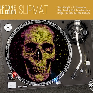 Halftone Pink and Yellow Skull Turntable Slipmat - 12" and 7" LP Record Player, DJ Slipmat- 16oz Felt w/ Glazed Bottom