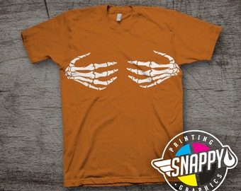 Skeleton Hand Bra Graphic Tee, Burnt Orange T-Shirt, Halloween Tee, Party Shirt