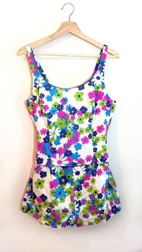60s Swimsuit, Vintage Mod Floral Playsuit Size Med