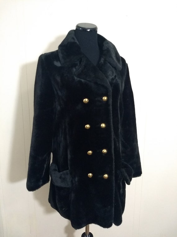 Vintage Faux Fur Coat, Black Fur Coat with Golden… - image 1