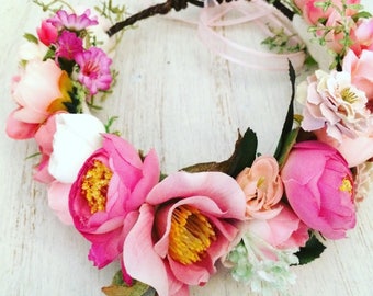 Adult Flower Crown - Custom Made - Floral Headband - Photo Prop- Tie Back Flower Crown