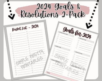 Nieuwjaarsdoelen en resoluties voor 2024 - minimalistisch afdrukbaar waardepakket - lege bucketlist en doelplanning