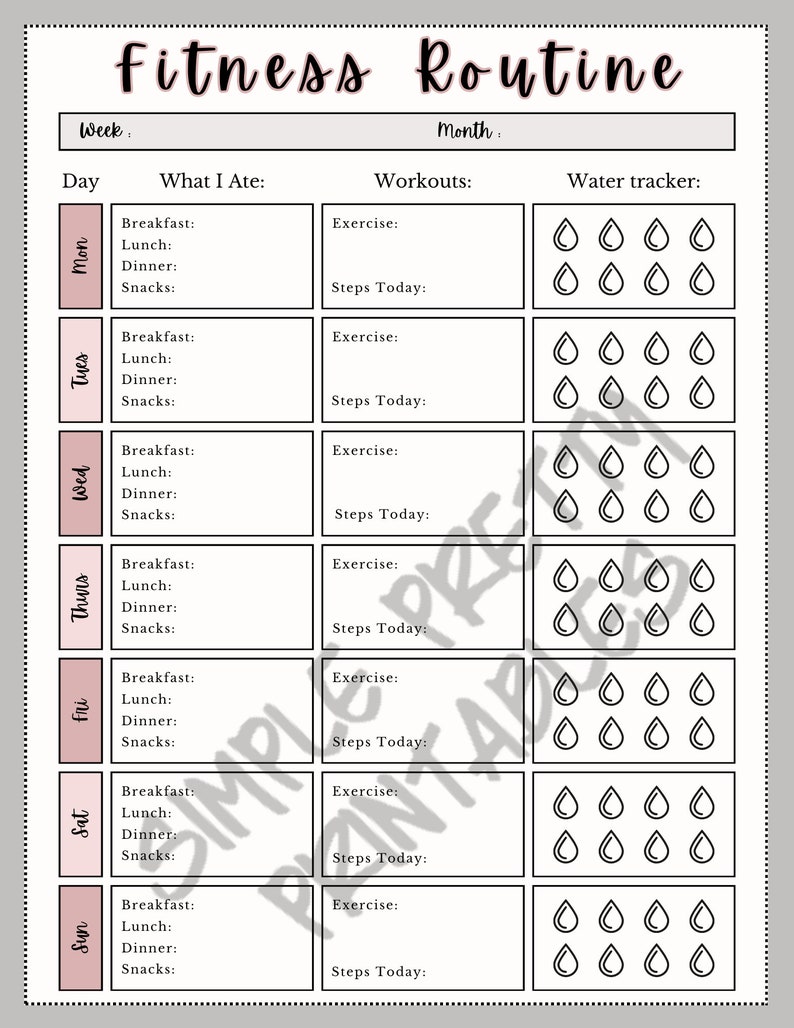 Fitness Routine Tracker Printable - Weekly Health Journal Page - Food ...