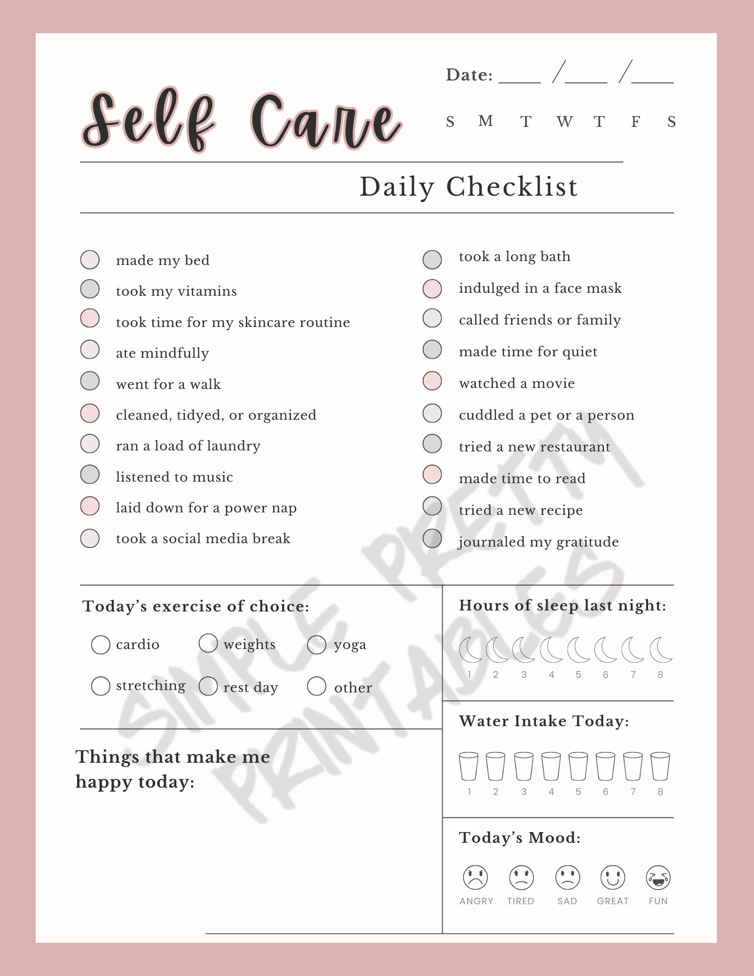 Daily Self Care Checklist - Mental Health Tracker / Log - Minimalist ...
