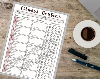 Fitness Routine tracker afdrukbaar - wekelijkse gezondheidsdagboekpagina - doelstellingen voor voeding, lichaamsbeweging en hydratatie