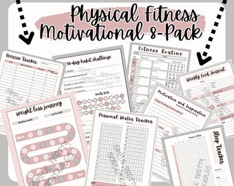 Fitness afdrukbaar superpakket!! - werkbladen voor gezondheidsdoelen - minimalistisch voedsel, water, lichaamsbeweging, slaap, schaalreis, gewoonte-trackerpagina's