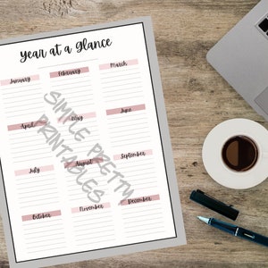 Jaar in één oogopslag - kalenderjaar - evenementen, verjaardagen, jubilea - schattig minimalistisch afdrukbaar - eenvoudige digitale download van één pagina