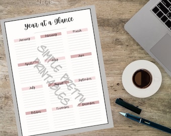 Jaar in één oogopslag - kalenderjaar - evenementen, verjaardagen, jubilea - schattig minimalistisch afdrukbaar - eenvoudige digitale download van één pagina