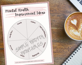 Brainstormwiel voor geestelijke gezondheid - minimalistisch afdrukbaar voor ideeën voor zelfzorg / emotionele gezondheid