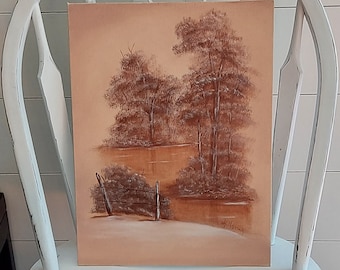Vintage River Tree Landscape Painting Signed VG Honey-Original Moody Tree Landscape Painting 12x16" Canvas Brown Neutral Art