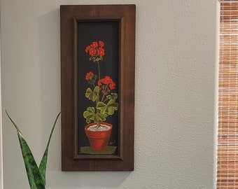 RARE 70's Original Oil Painting Still Life Red Geraniums On Wood Panel Signed-VTG 22" Still Life Oil on Wood Potted Geranium Art Wall Decor