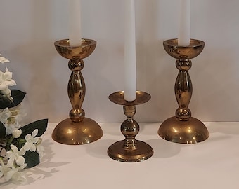 RARE Mid Century Modern Brass Semi sphere Candlesticks India-Unique Wedding Trinity Candle Set Brass Candlesticks 3 pc 7 1/2" Candle Holders