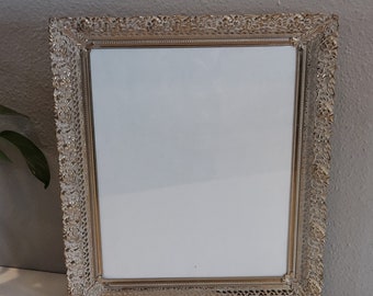 Mid Century Metal Brass Tone White Washed Filigree 12" x 10" Picture Photo Frame Wall Hanging-Farmhouse to Boho Frame-Vintage Wedding Frame