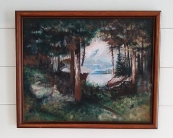 Pintura al óleo original de VTG 'Rayo de luz', paisaje de lago forestal, firmada en un marco Fredrix, arte de pared con escena de lago forestal de montaña oscura y melancólica