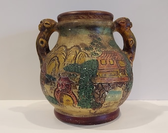 VERY RARE Antique Early Meiji Japanese Dragonware Pottery With Tatsu Dragon Handles-Japanese Hand Painted Clay Water Vessel Marked Japan