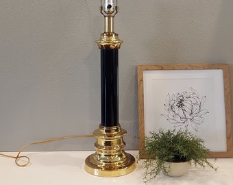 RARE Vintage Stiffel Style Modern Empire Black Lacquer Column Table Lamp-MCM Metal Brass Lamp With Black Lacquer Marble Look Column 30" tall