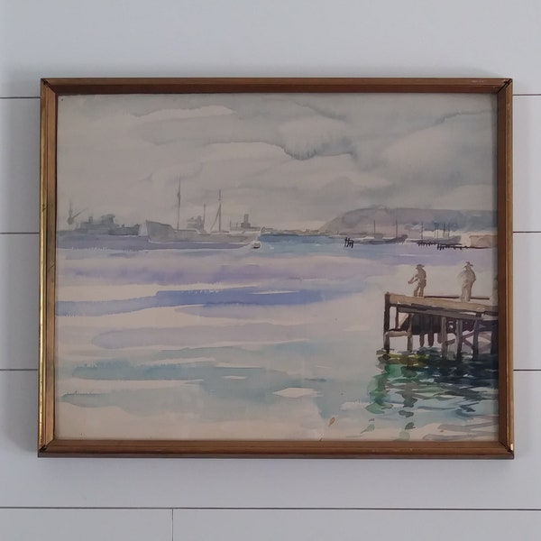 Vintage 1942 Original Water Color Ocean Art of Pier Dock & Ships Artist Signed-Soft Tranquil Ocean Art Framed Under Glass-Beach Cottage Art
