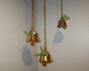 RARE 1950's Ceramic Bell Planters Shelf or Hanging Gold & Bronze Bell Planters Succulent Planter-50's Glazed Gold Christmas Bell Home Decor