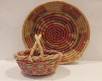 RARE VTG Hand Woven Multi Colored Gathering Basket Bowl & Wicker Twisted Handle Egg Basket-Indian African Boho Hippie Basket Home Decor