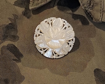 RARE 60's Hand Carved Mother of Pearl Brooch Statement Pin-Lovely Boho to Retro White Floral Brooch Accessory
