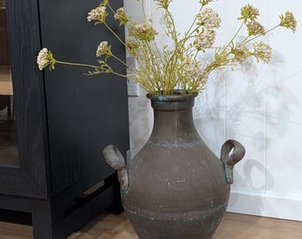 Antique 19th Century Middle East Bronze Copper Jug Vase With Double Handles & Globular Body-Primitive hand forged aged Copper Vessel Vase