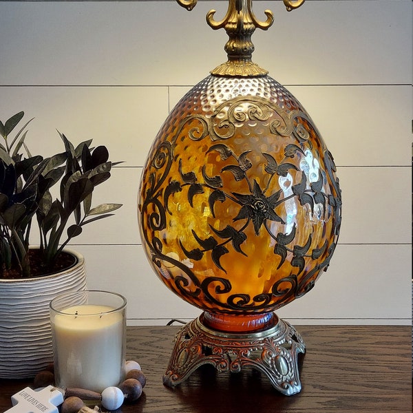 Rare EF & EF Industries Iridescent Amber Glass 2 Light Lamp Huge 70s Glass And Brass Statement Lamp-Unique Boho Hollywood Regency Lamp Decor